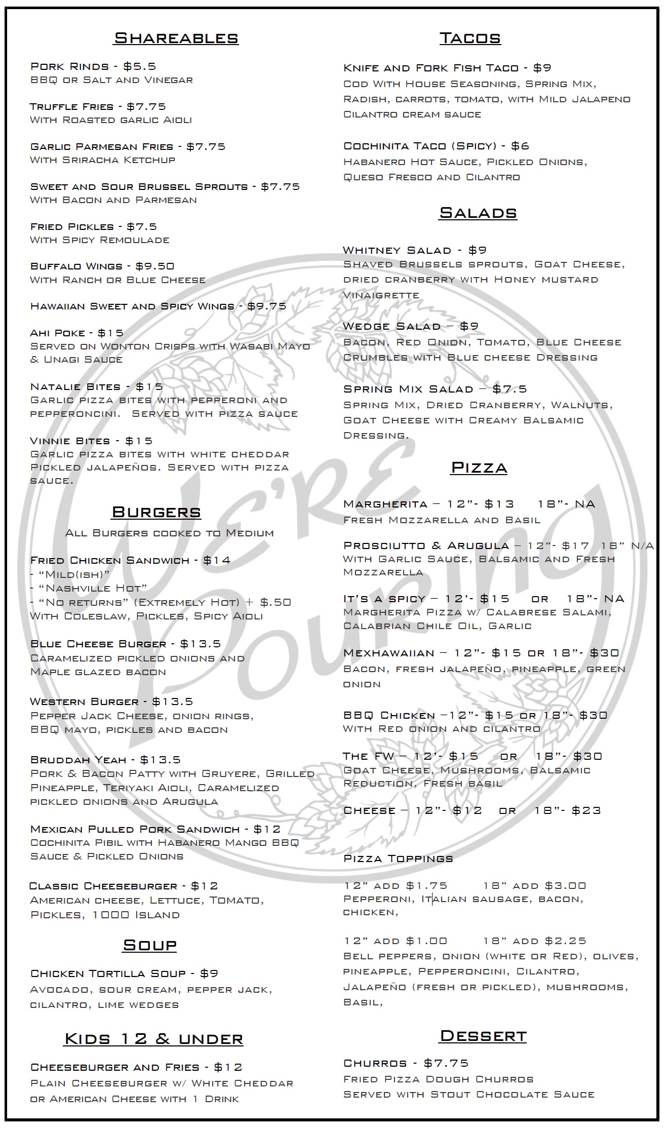 WE'RE POURING FOOD MENU